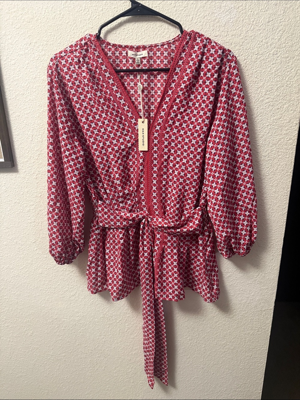 Max Studio Red Patterned Wrap Tunic with Tie Waist